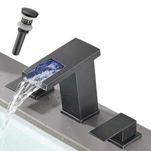 Tai Doo Bathroom Sink Faucet, 3-Piece Waterfall LED Light, 3 Hole, Black, Brass Stainless Steel, Widespread, for Bathroom & RV Sinks