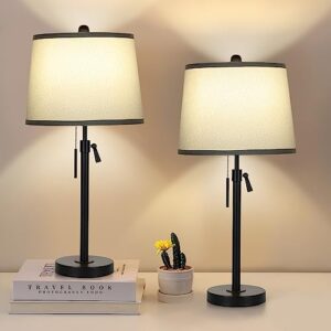 Bedside Table Lamps Set of 2: Tall Table Lamps for Living Room 22" to 30" Height Adjustable Black Bedroom Nightstand Lamps | 3-Way Dimmable with Pull Chain Switch End Table Lamp for Office Farmhouse
