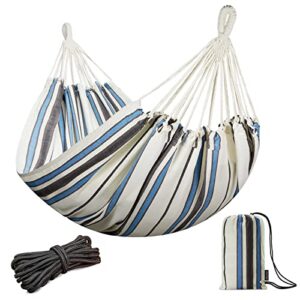 JoyView Brazilian Double Hammock with Hanging Ropes Extra Large 86.6x59” Portable Cotton Hammock for Patio Backyard Porch 450LBS Weight Capacity Perfect for Outdoor/Indoor - Blue & White Stripes