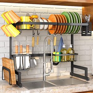 Over The Sink Dish Drying Rack, Adjustable (26.8" to 34.6") Large Dish Drainer Drying Rack for Kitchen Counter with Multiple Baskets Utensil Sponge Holder Sink Caddy, 2 Tier Black