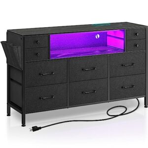 Rolanstar Dresser with Power Outlets and LED Lights, 10 Drawers Dresser with Side Pocket, Fabric Chest of Drawers with PU Finish, Small Dresser with Sturdy Frame & Wood Top for up to 55inch TV, Black