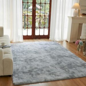 XYORAINN Ultra Soft Area Rugs for Living Room, 6x9 Tie-Dyed Light Grey Fluffy Plush Rugs for Bedroom, Non-Slip Large Shag Fuzzy Rug for Nursery, Large Rug for Kids Home Decor Aesthetic